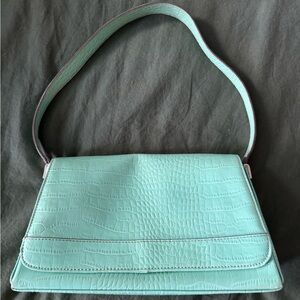 Teal Faux Leather/ Croc embossed shoulder bag with Silver metal details